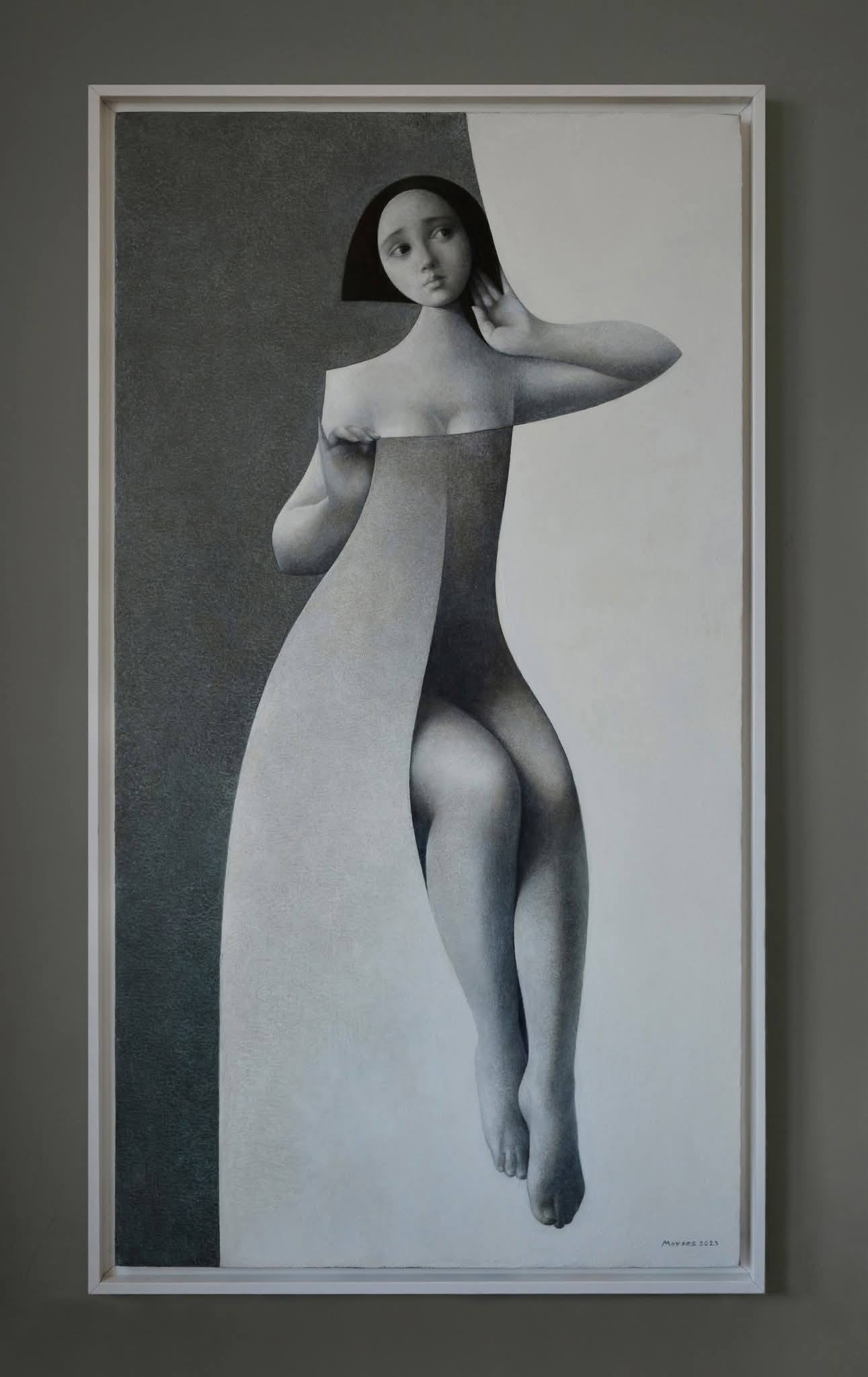 Figure féminine nue très allongée, silhouette ivoire sur fond gris partagé, œuvre encadrée — Movses Poghosyan, 2023