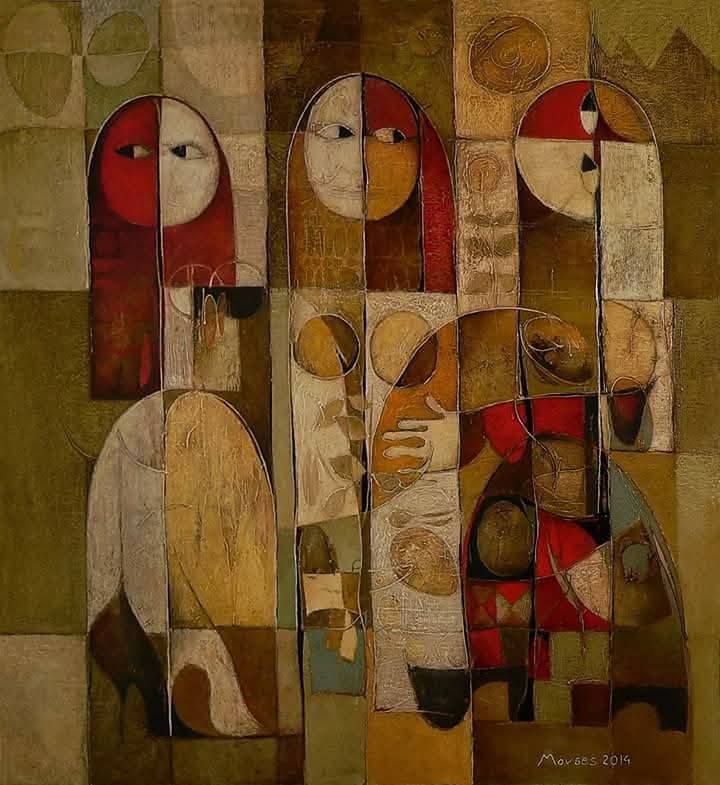 Trois visages aux grands yeux disposés sur un damier d'ocres et de rouges — Movses Poghosyan, 2014