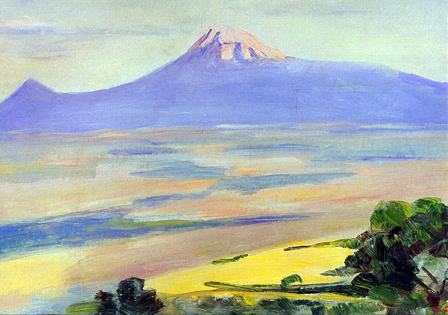 Le mont Ararat bleu au-dessus de la plaine, tons pastel et touche libre — Martiros Saryan