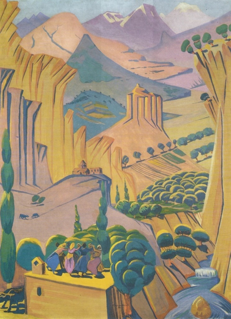 Paysage monumental d'Arménie : gorges dorées, cyprès et ronde de femmes — Martiros Saryan, 1923