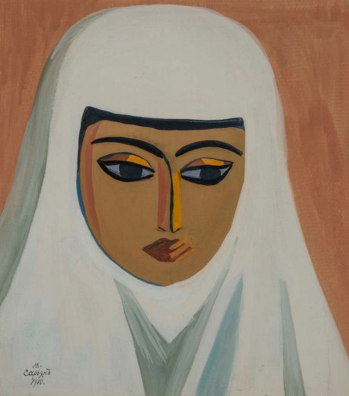 Visage d'une femme persane au voile blanc, traits cernés de noir sur fond ocre — Martiros Saryan