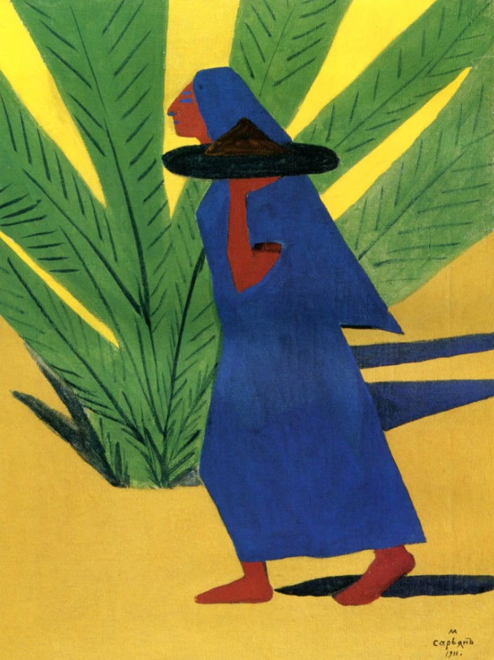 Femme drapée de bleu marchant devant un palmier, aplats jaunes éclatants — Martiros Saryan, 1911