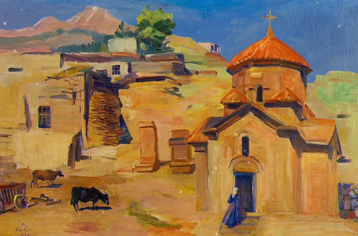 Petite église arménienne à coupole rouge dans un village doré, vaches au premier plan — Martiros Saryan