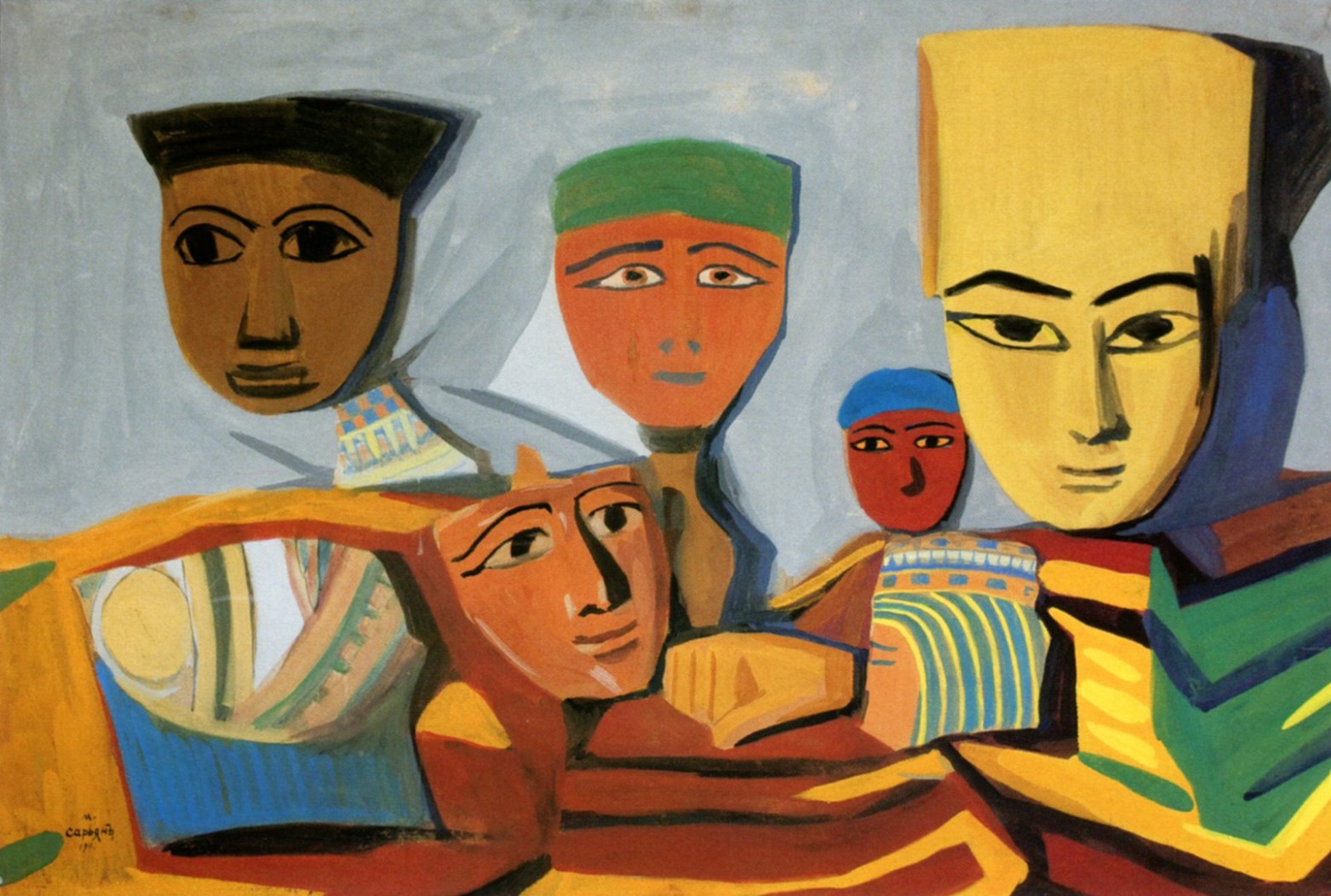 Masques égyptiens aux couleurs vives alignés sur fond gris — Martiros Saryan