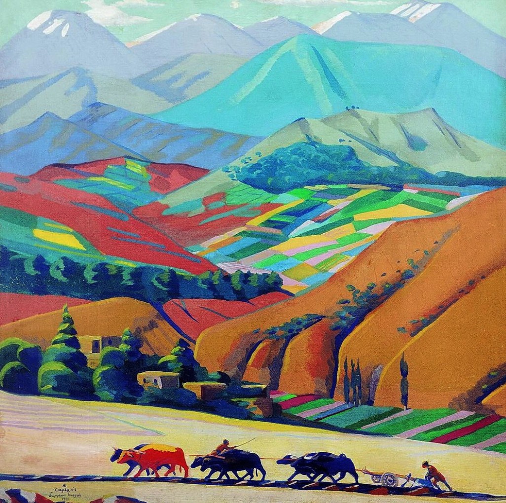 Montagnes d'Arménie en damier de couleurs vives, attelage de bœufs au labour — Martiros Saryan