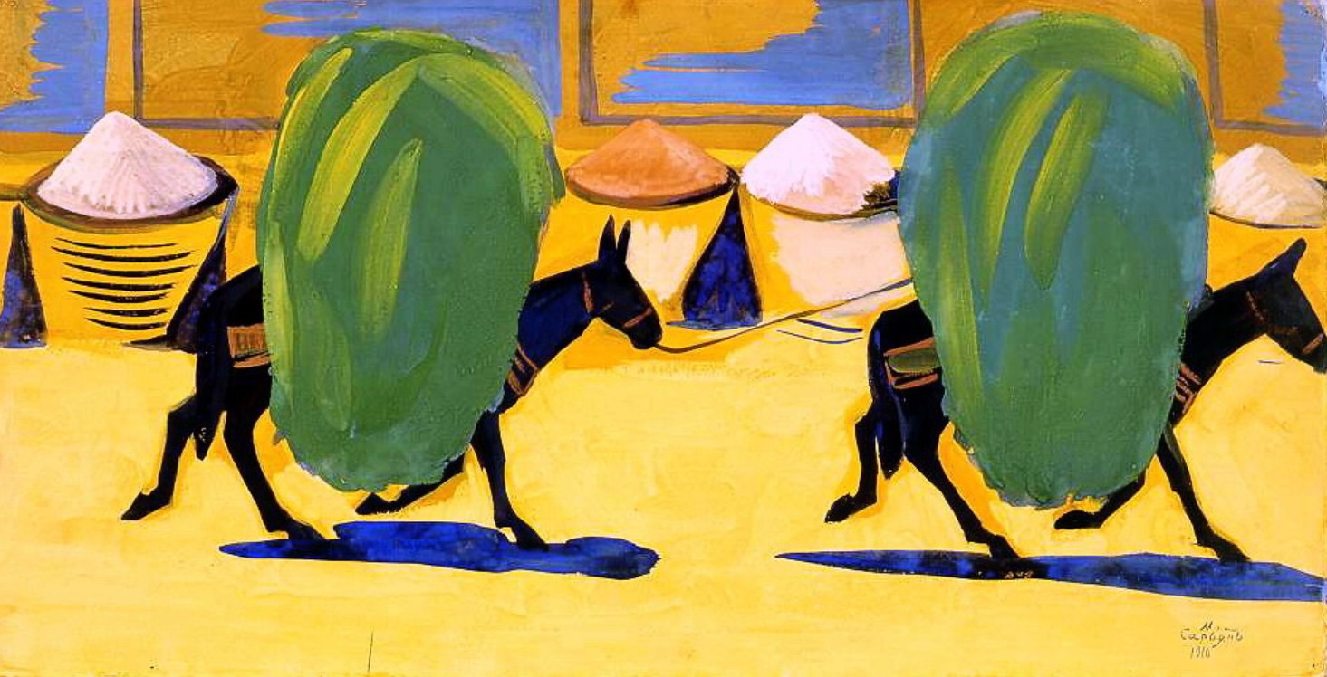 Deux mulets chargés de foin vert sur une terre jaune, ombres bleues — Martiros Saryan