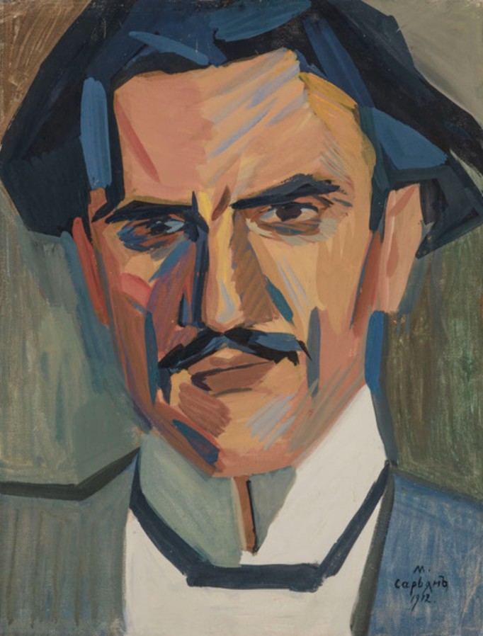 Portrait cubo-futuriste d'un homme moustachu, facettes bleues et ocres — Martiros Saryan, 1912